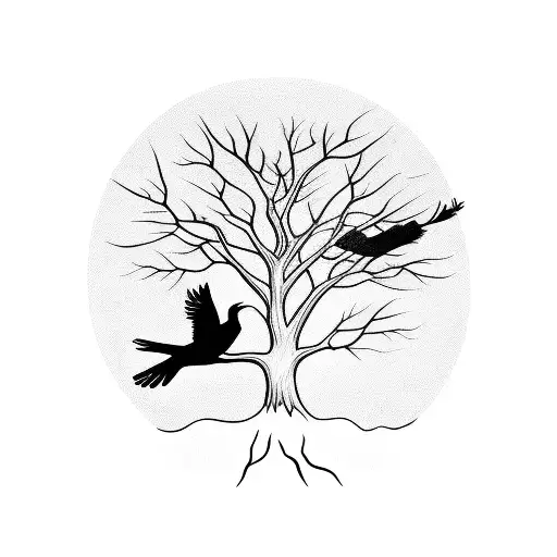 Two Crows Flying From The Tree Of Life