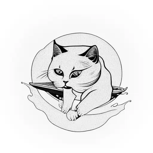 A Surrealistic Scene Of A Skateboarding Cat Riding A Wave At Sunset