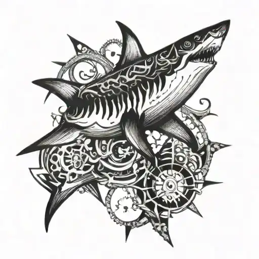 A Fierce Shark Swimming In A Sea Of Masculine Symbols Like Anchors And Compasses