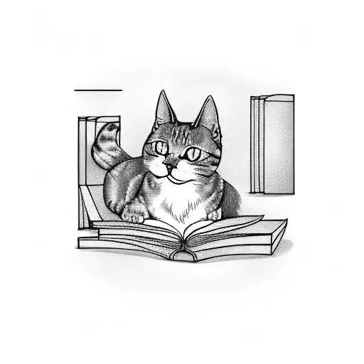 A Blackwork Tattoo Of A Cat Reading A Book From The Anime 'Fruit Basket'
