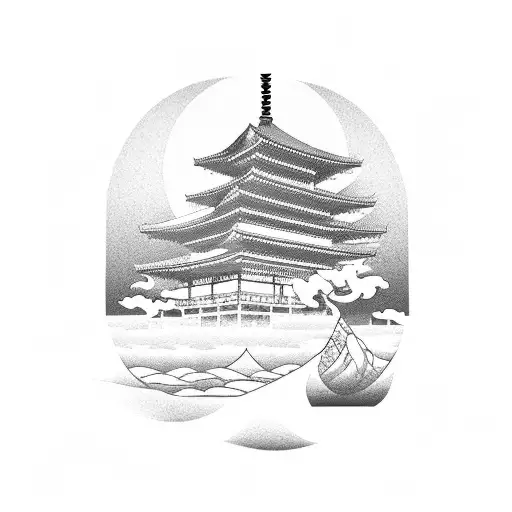 Traditional Japanese Temple With A Sunset Beach Background