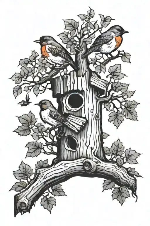 Tree Stump And 2 Robins Flying Shoulder