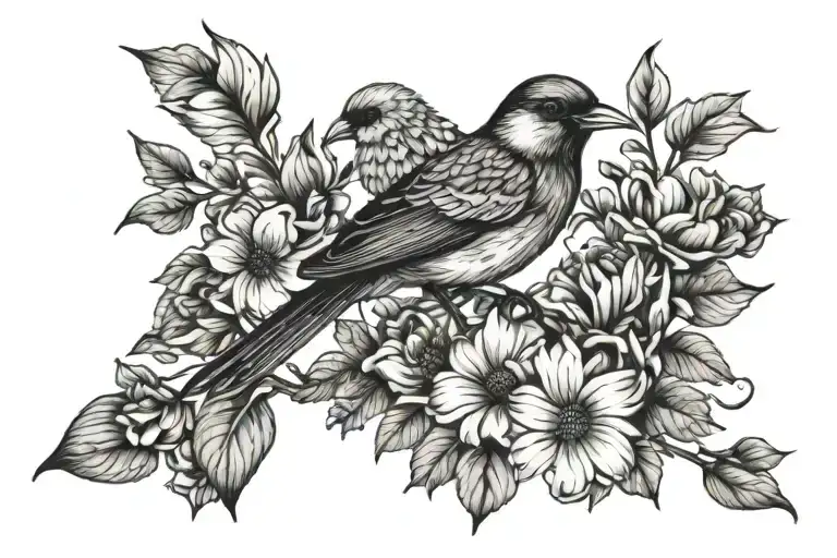 Flowers And A Bird Perched