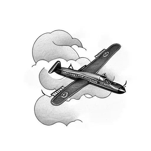 An Intricately Detailed Blackwork Tattoo Of A Vintage Airplane Soaring Through The Clouds