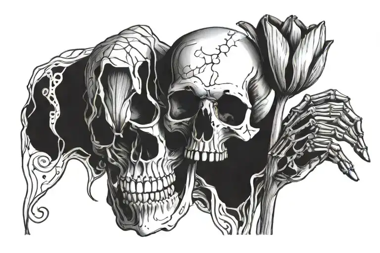 Skeleton Looking At A Tulip In His Hands Blackwork