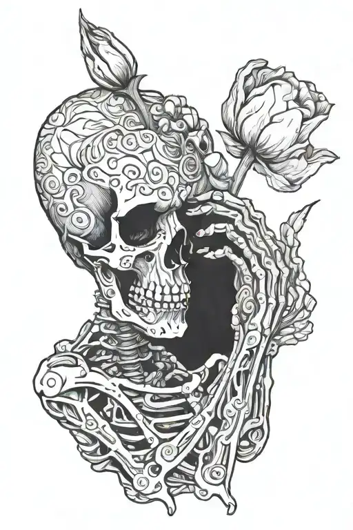 Skeleton Looking At A Tulip In His Hands Blackwork