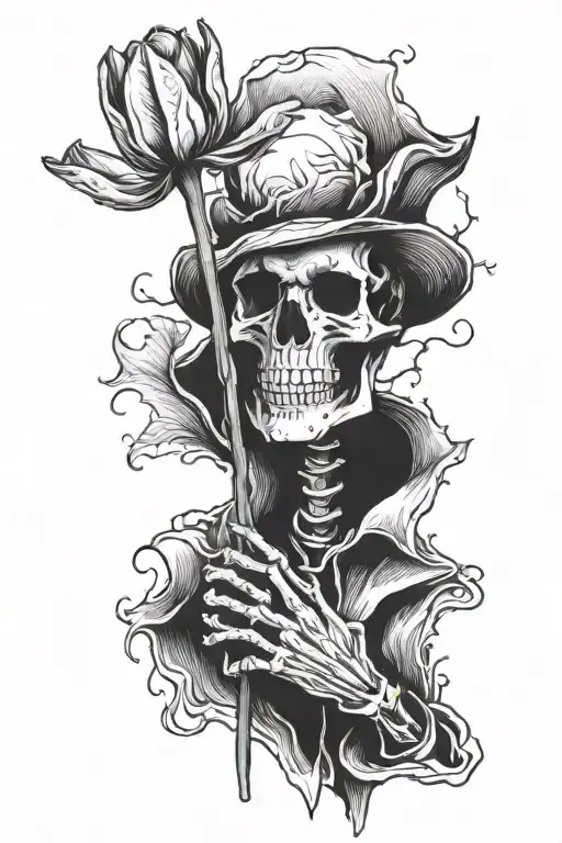 Skeleton Looking At A Tulip In His Hands Blackwork