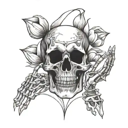 Skeleton Looking At A Tulip In His Hands Blackwork