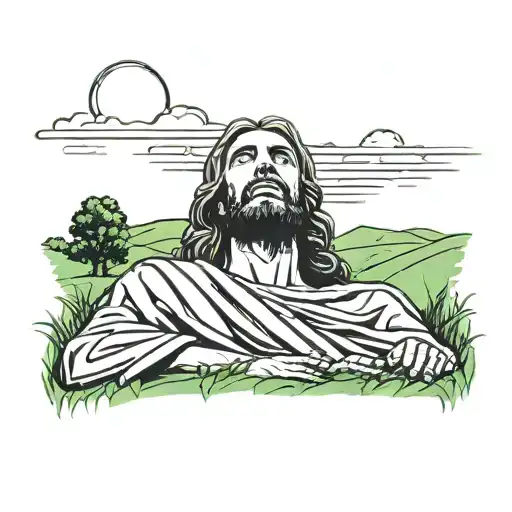 Jesus Christ Laying On A Rock In A Green Field Looking Up To The Sky
