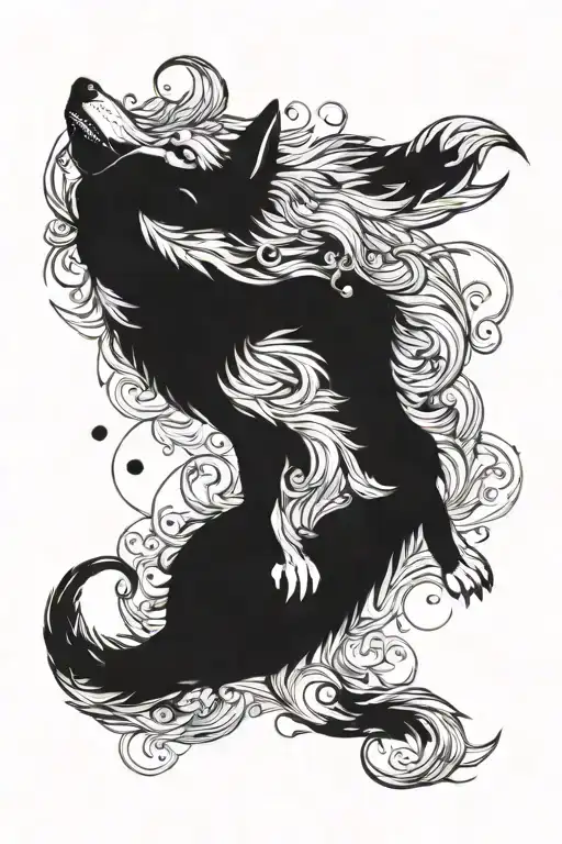 A Great Wolf Laying Down Whos Tail Is Raised In The Air Morphing Into Celestial Fauna