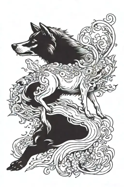 A Great Wolf Laying Down Whos Tail Is Raised In The Air Morphing Into Celestial Fauna