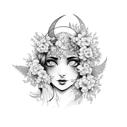 A Graceful Dancer Surrounded By Blooming Flowers And A Crescent Moon