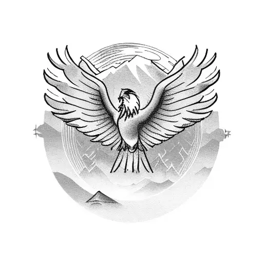 A Majestic Phoenix Bird Soaring Over A Mountain Range In A Desert Landscape