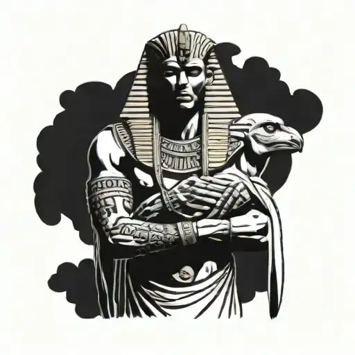 Egyptian Pharaoh Holding Skull In His Hands With Horus And Ra Behind Him