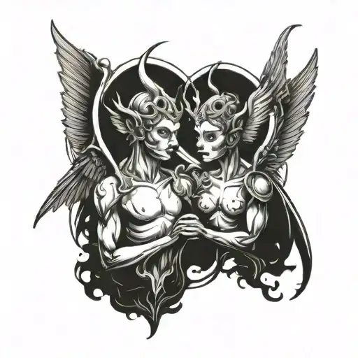 A Whimsical Devil And Angel With A Halo Looking At Eachother Mischievously From Heaven And Hell