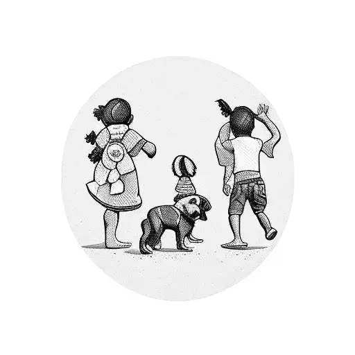 A Blackwork Tattoo Featuring The Silhouette Of Children And Dogs Playing On The Beach