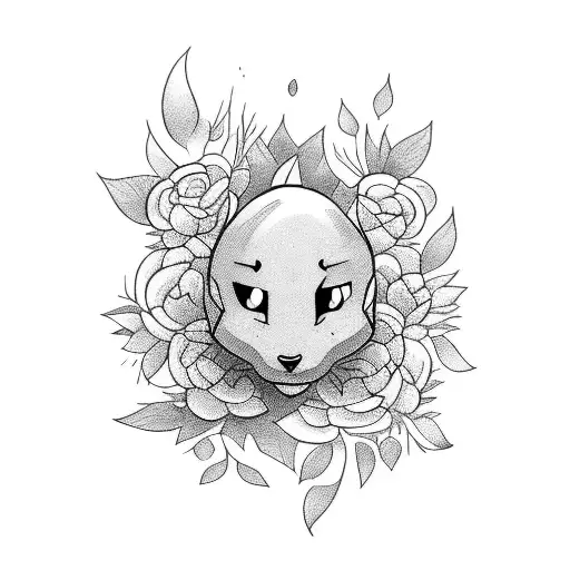A Sketch-style Tattoo Featuring A Cartoon Character Surrounded By Flowers