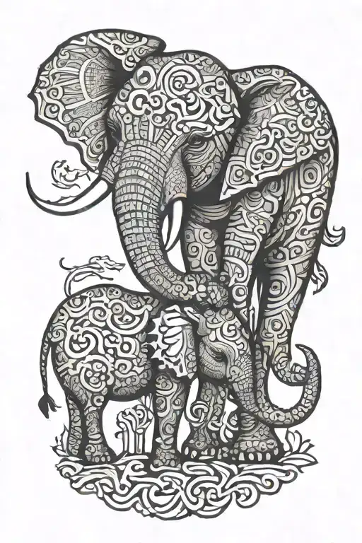 Mother Saughter Elephants With Interlocking Trunk And Tail