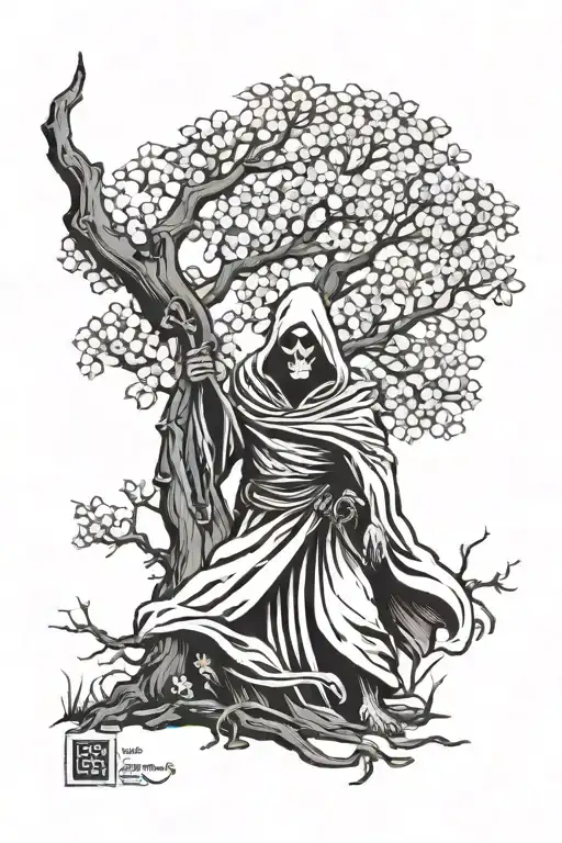 Grim Reaper Standing Under A Dogwood Tree With A Large Trunk
