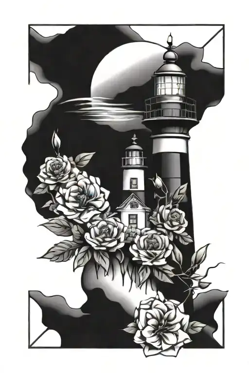 Light House Inside Of A Diamond With Carnations And Waves