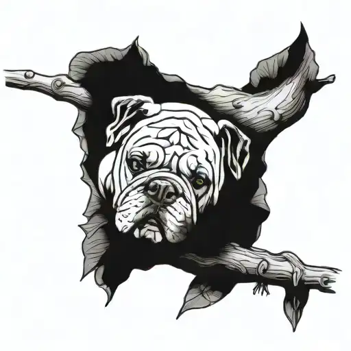 A Bulldog Puppy Sleeps On A Tree Branch