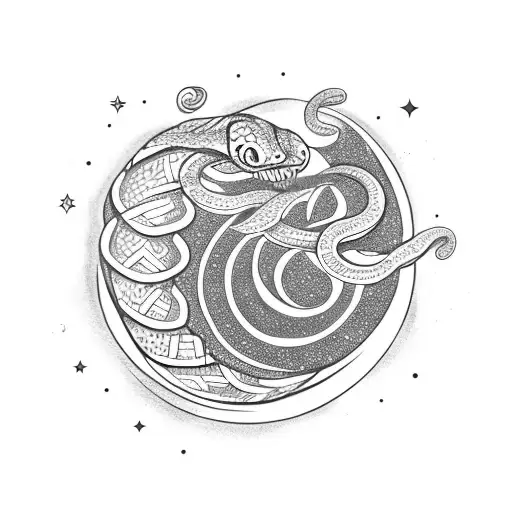 A Snake Winding Around A Crescent Moon In A Starry Sky