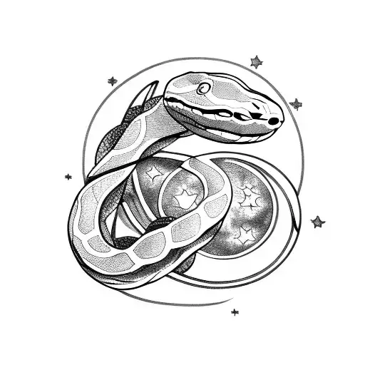 A Snake Winding Around A Crescent Moon In A Starry Sky
