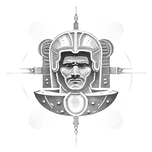 A Roman Warrior Holding A Computer Circuit Board Shield In A Blackwork Style