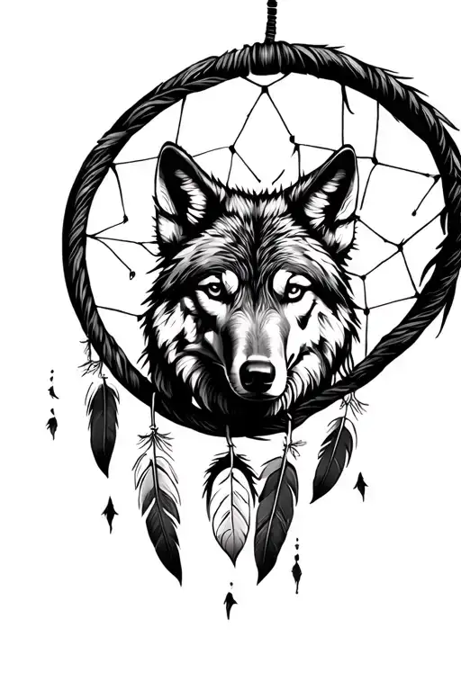 Dream Catcher With A Wolf In The Center And A Single Feather