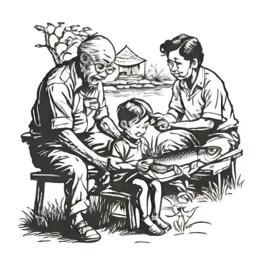 Grandpa Prepare Fish In Garden While Small Boy Is Next To Him