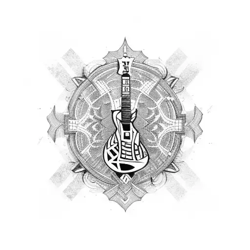 A Blackwork Tattoo Of A Guitar With Intricate Designs Inspired By Motorbike Parts