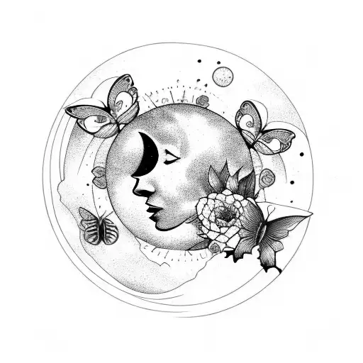 Moon Phases With Flower Background And Butterflies