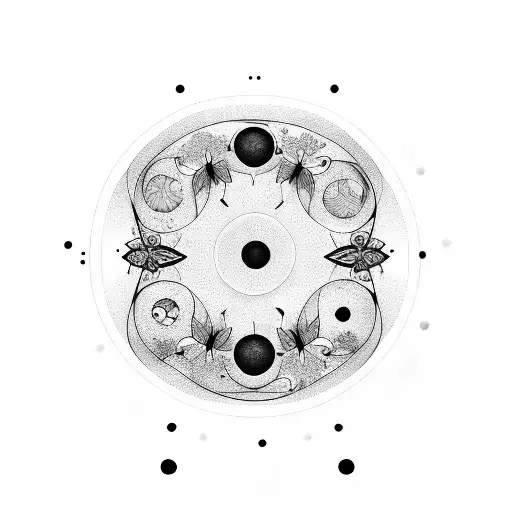 Linear Moon Phases With Flower Background And Butterflies