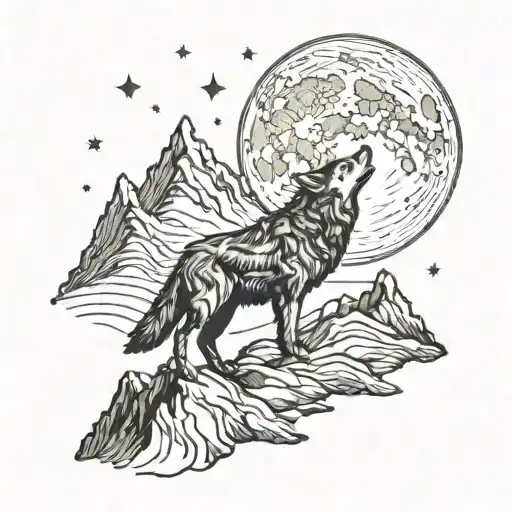A Cosmic Mountain Landscape With A Wolf Howling At The Moon