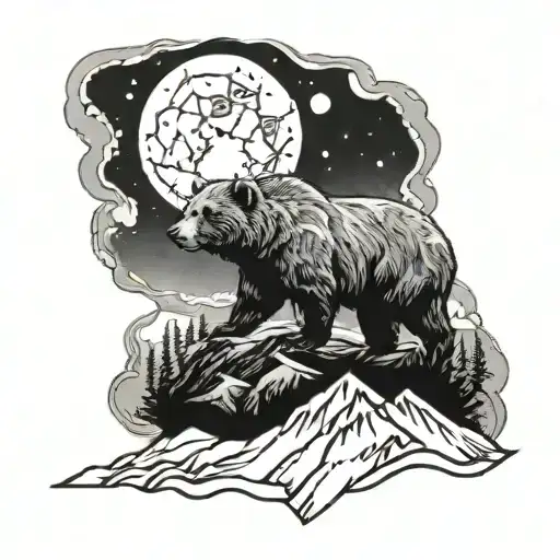 A Cosmic Mountain Landscape With A Grizzly Bear