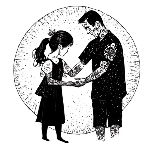 In A Circle A Little Girl Silhouette Holding Her Dad