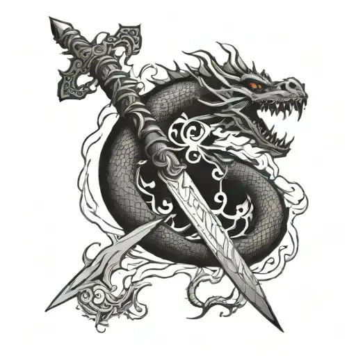 Dragon Wrapped Around A Flaming Sword