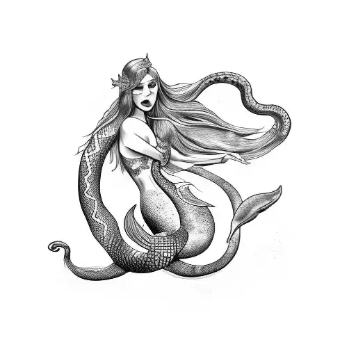 Sensual Mermaid Embracing A Serpent