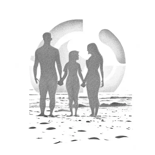 A Silhouette Of A Family Holding Hands On A Beach At Sunset