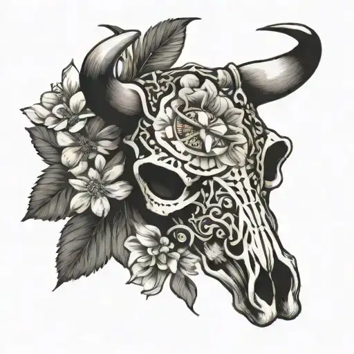 Bull Skull With May Flowers And Clock