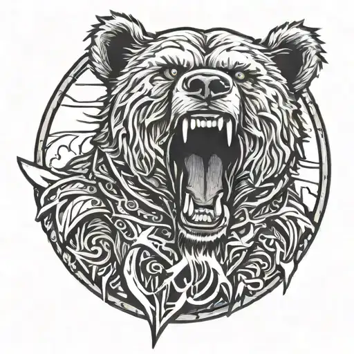 Grizzly Bear Standing Up In Armor Glowing Blue Eyes Calling Lightning From Heavens Like Thor