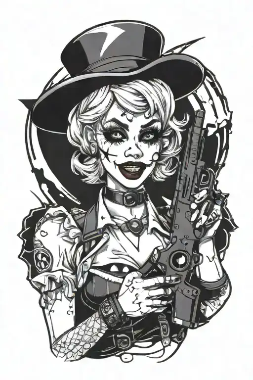 Sexy Harly Quinn Holding A Gun With Tongue Between Fingers