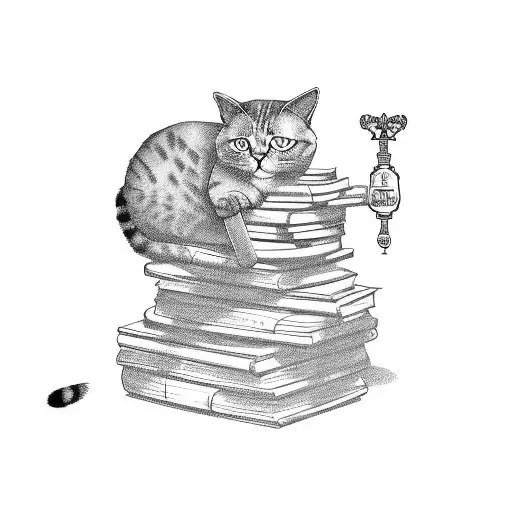 A Cat Sitting On Top Of A Stack Of Books With A Beer Bottle Next To It