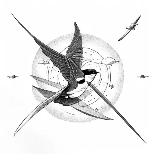 A Swallow Flying Over A Planet With A Sword And Spear Crossed Beneath It