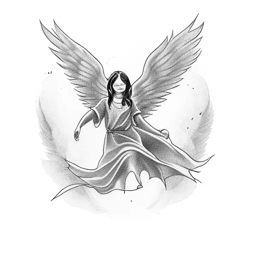 Brunette Female Angel Trying To Catch A Falling Bald Man