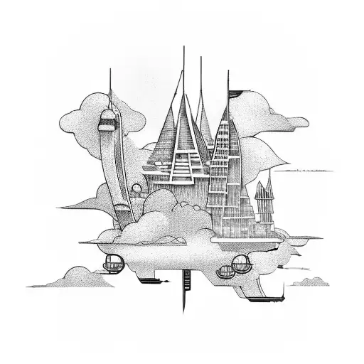 A Futuristic City Skyline With A Pirate Ship Sailing Through The Sky