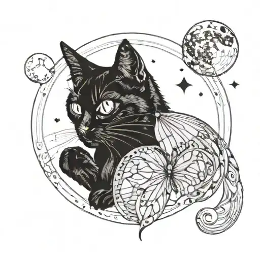 Black Cat With Butterfly Wings Staring At The Moon Phases