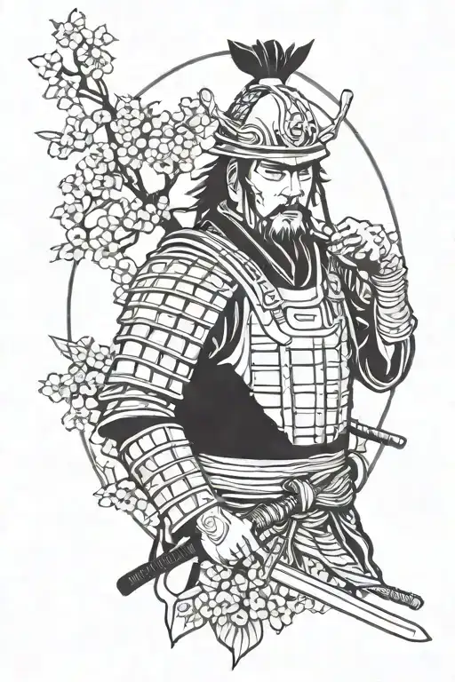 Samurai Warrior With Cherry Trees In The Background