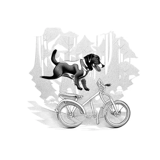 A Dynamic Composition Of A Dog Chasing A Bike Through A Forest Trail