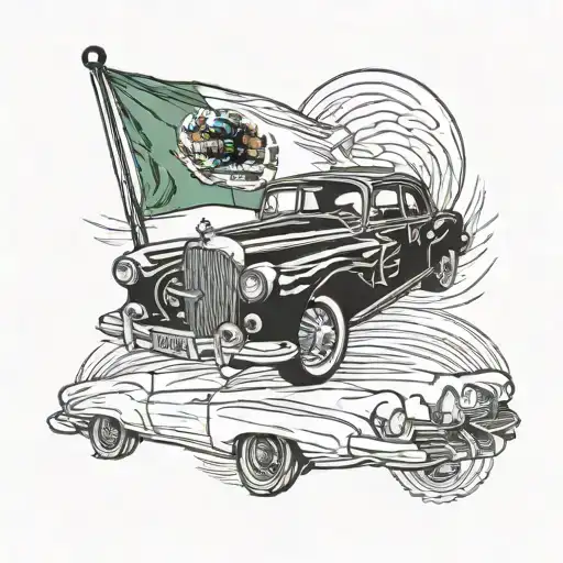 A Detailed Blackwork Tattoo Of A Classic Car With A Mexican Flag Incorporated Into The Design